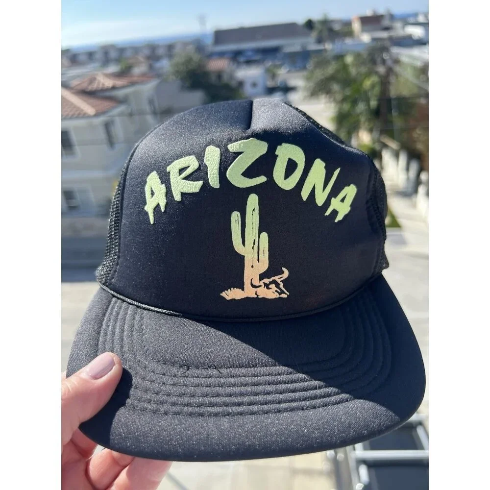 Vintage 80s black mesh trucker hat Arizona neon desert graphic streetwear
